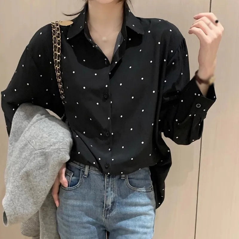 New Women Polka Dot Printed Blouse Long Sleeve Loose Turn-down Collar Ladies Shirts Top