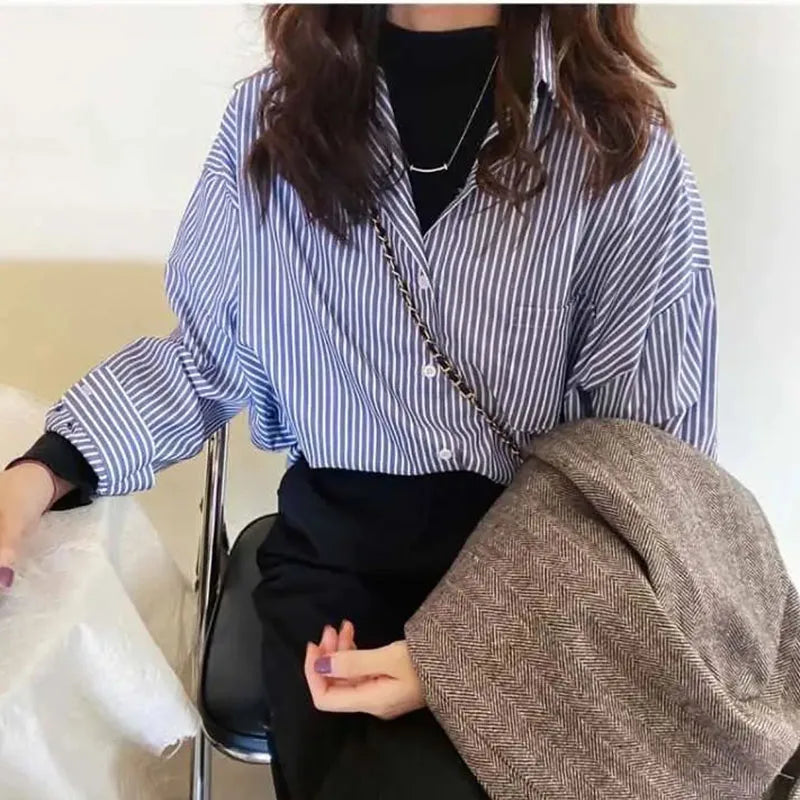 Lucyever Vintage Classic Striped Shirt Women Korean Loose Long Sleeve Office Ladies Shirts Autumn New Button Up Students Blusas