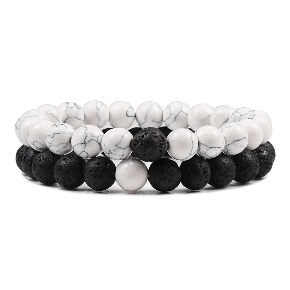 Natural Stone Beaded Bracelets Set For Couples Men Women Distance Black Matte White Turquoise Lava Stone Yoga Bead Bracelet