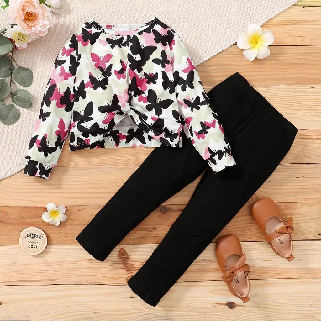 1-6Years Kids Girl Clothes Set Long Sleeve Butterfly Printed Top+Black Pants Fashion Spring&Autumn 2PCS Outfit for Children Girl