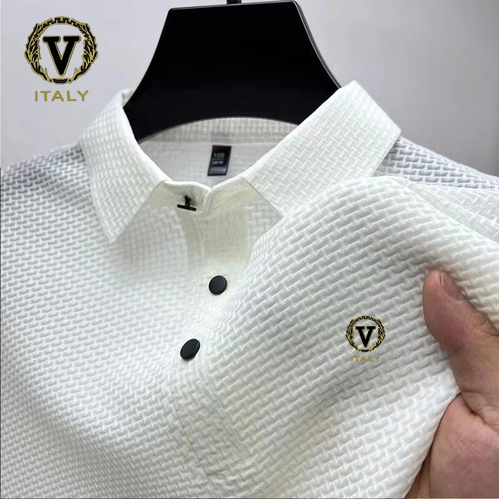 Trendy Printing Ice Silk Elastic Polo Shirt 2024 Summer T-shirt Men's Clothing Short Sleeved