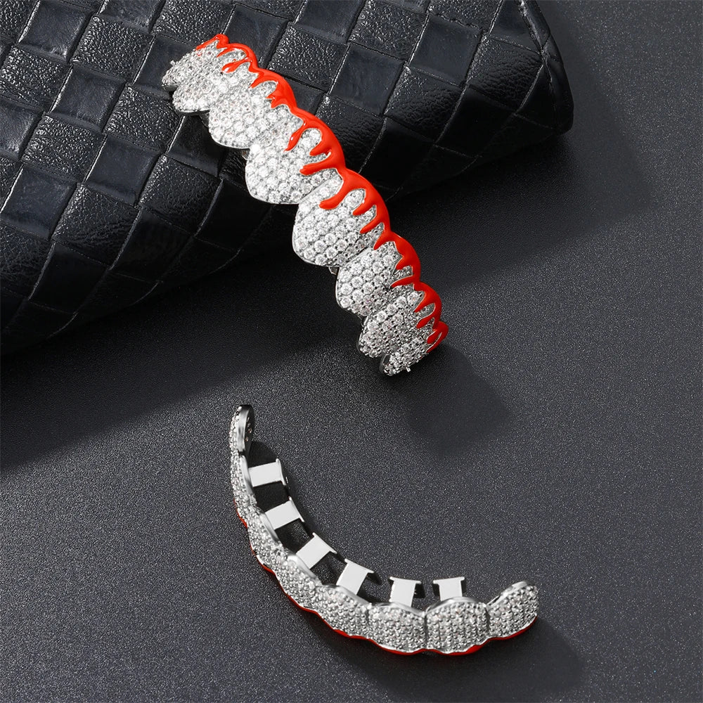 D&Z Hip Pop Bling Cubic Zircon Blood Teeth Grillz Set For Unisex Top Bottom Mouth Gold Silver Color Removable Dental Jewelry