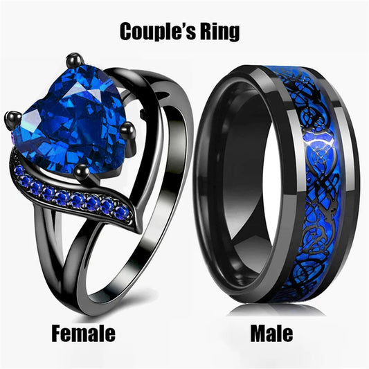 Fashion Couple Rings Romantic Women Heart Blue Rhinestones Zircon Ring Men Stainless Steel Celtic Dragon Ring Wedding Jewelry