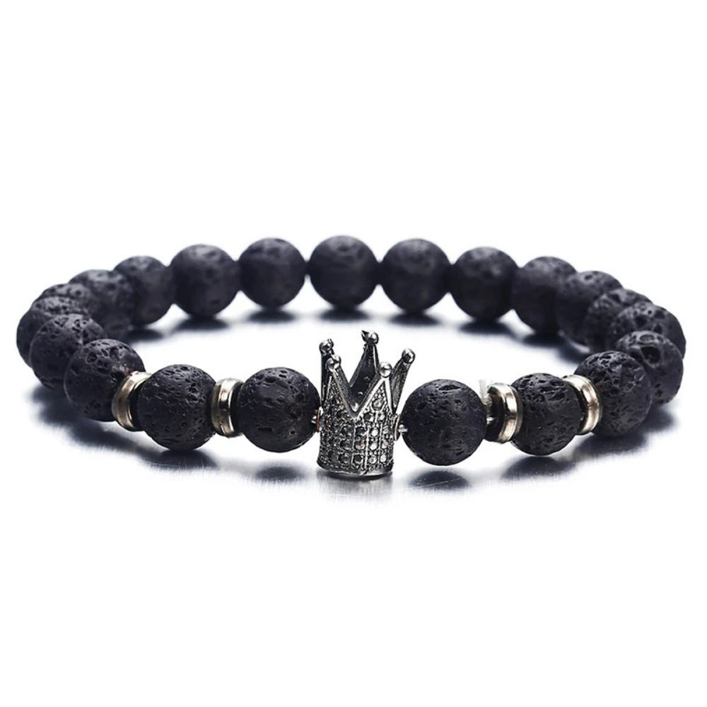 8mm Matte Black Onyx Beaded Bracelet Unisex Simple King Queen Diamond Crown Charms Bracelet For Couple Valentine'S Day Gifts