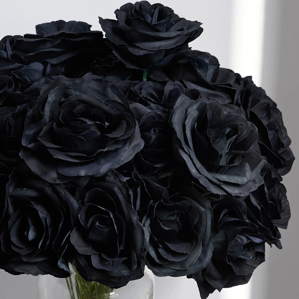 Black Silk Rose Gothic Artificial Flowers Bride Wedding Hand Holding Bouquet for Party Wedding Home Garden DIY Halloween Decor