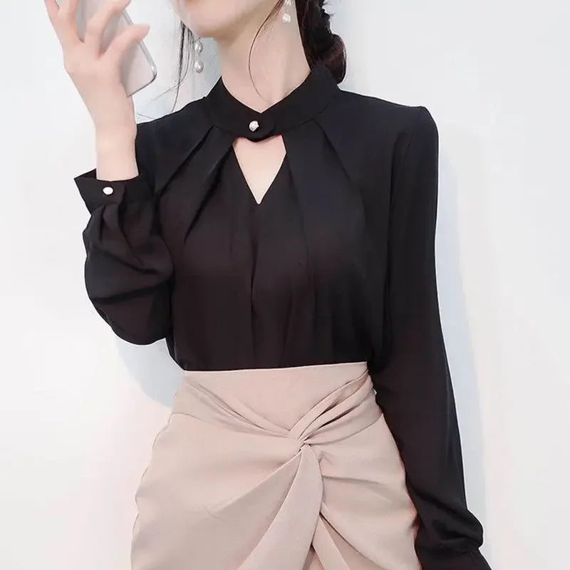 Elegant V-neck White Chiffon Shirt Women's Long Sleeve Professional Style Pullover Summer Top Stylish Business Casual Shirt