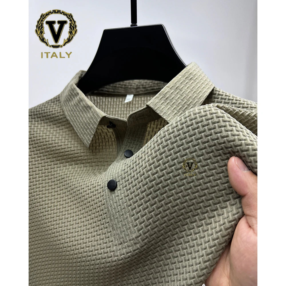 Trendy Printing Ice Silk Elastic Polo Shirt 2024 Summer T-shirt Men's Clothing Short Sleeved