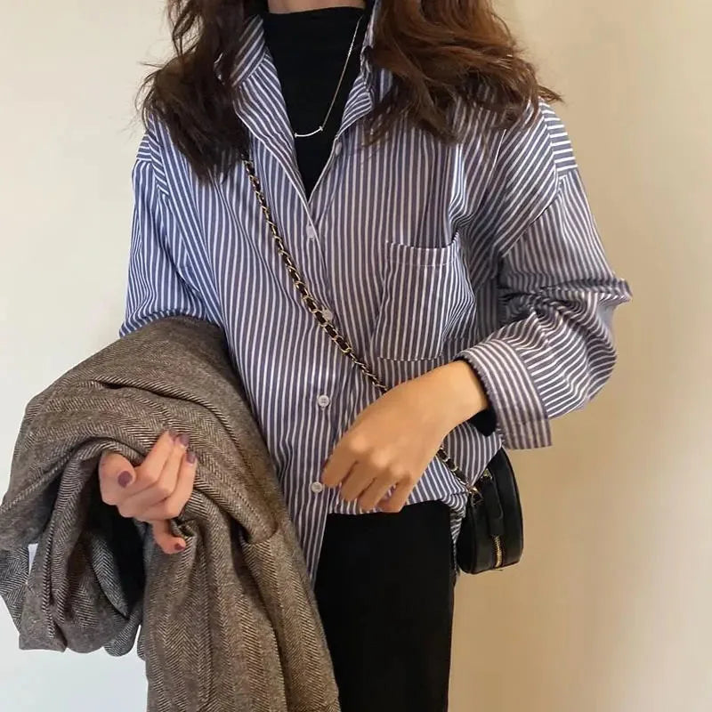 Lucyever Vintage Classic Striped Shirt Women Korean Loose Long Sleeve Office Ladies Shirts Autumn New Button Up Students Blusas