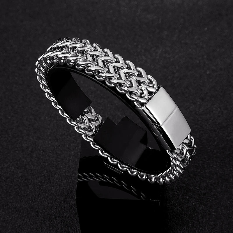 MKENDN Punk Men 12mm Wide Cuban Link Chain Bracelet Stainless Steel Motorcycle Bracelets Accessories Male Pulseira