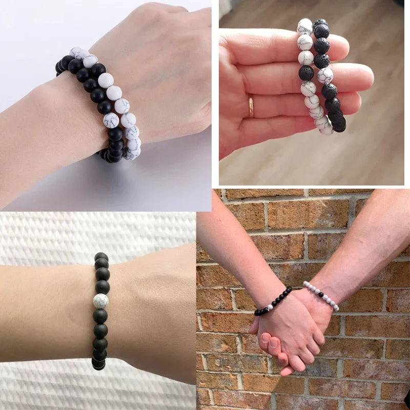 Natural Stone Beaded Bracelets Set For Couples Men Women Distance Black Matte White Turquoise Lava Stone Yoga Bead Bracelet