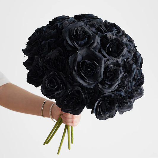 Black Silk Rose Gothic Artificial Flowers Bride Wedding Hand Holding Bouquet for Party Wedding Home Garden DIY Halloween Decor