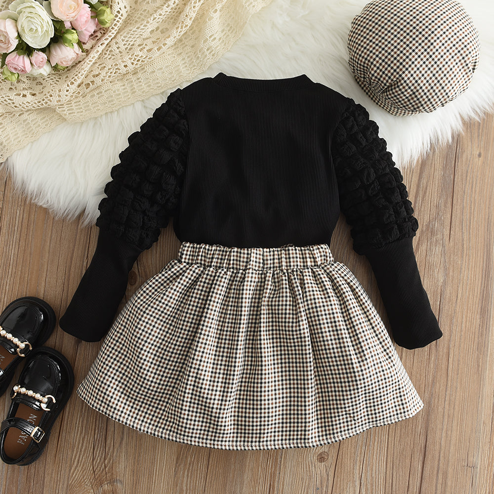 Girls' Set 2023 Autumn New Children's Round Neck Top+Bow Plaid Short Skirt+Hat Three Piece Children's Fashion Set