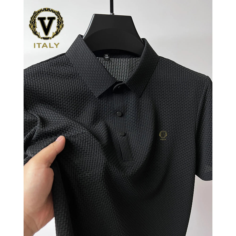 Trendy Printing Ice Silk Elastic Polo Shirt 2024 Summer T-shirt Men's Clothing Short Sleeved