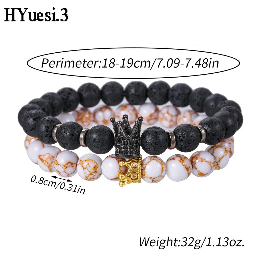 8mm Matte Black Onyx Beaded Bracelet Unisex Simple King Queen Diamond Crown Charms Bracelet For Couple Valentine'S Day Gifts