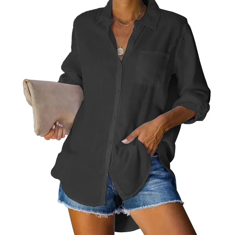 Spring/Summer New Women's Shirts Solid Color Large Casual Loose Polo Collar Button Shirt Women's Top