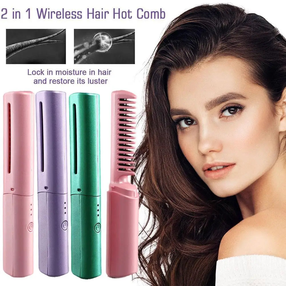 2In1 Wireless Hair Hot Comb Mini Usb Charging Straightener Fast Heating Negative Ion Hair Care Portable Hair Styling Tools