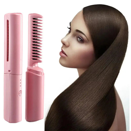 2In1 Wireless Hair Hot Comb Mini Usb Charging Straightener Fast Heating Negative Ion Hair Care Portable Hair Styling Tools