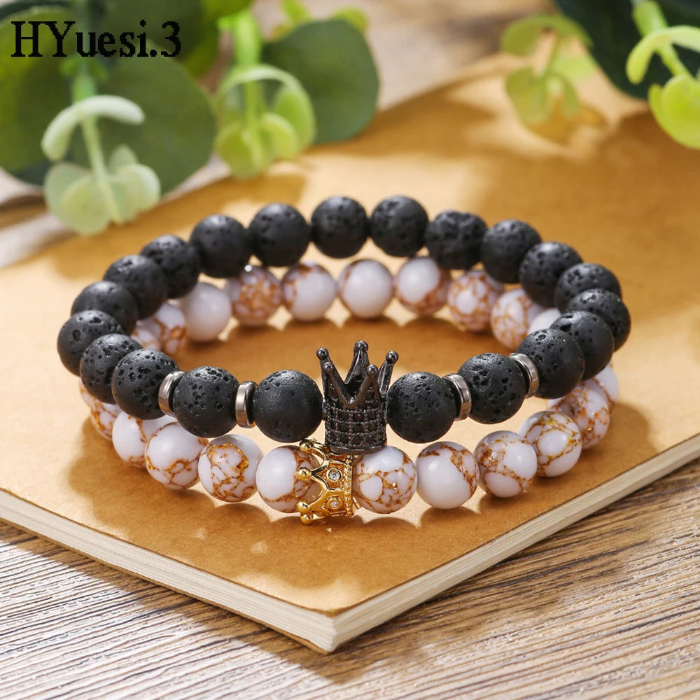 8mm Matte Black Onyx Beaded Bracelet Unisex Simple King Queen Diamond Crown Charms Bracelet For Couple Valentine'S Day Gifts