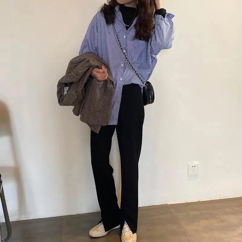 Lucyever Vintage Classic Striped Shirt Women Korean Loose Long Sleeve Office Ladies Shirts Autumn New Button Up Students Blusas