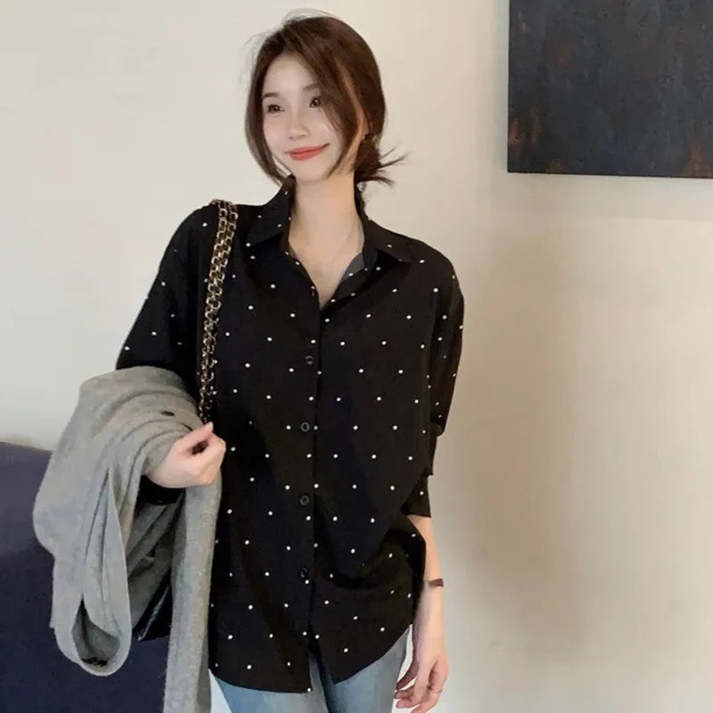 New Women Polka Dot Printed Blouse Long Sleeve Loose Turn-down Collar Ladies Shirts Top