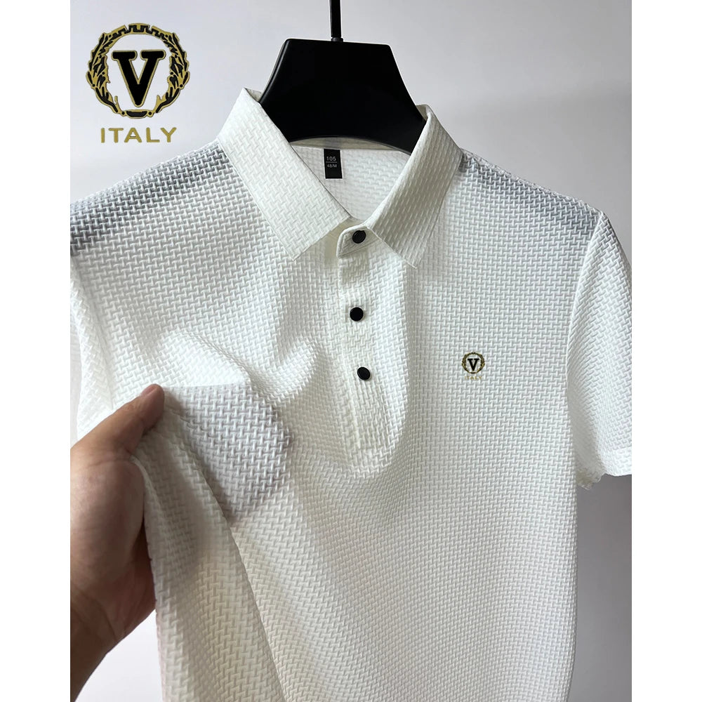 Trendy Printing Ice Silk Elastic Polo Shirt 2024 Summer T-shirt Men's Clothing Short Sleeved