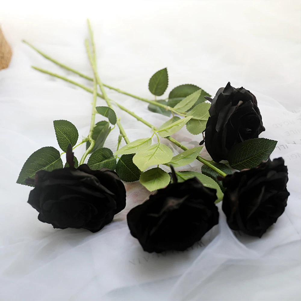 Black Silk Rose Gothic Artificial Flowers Bride Wedding Hand Holding Bouquet for Party Wedding Home Garden DIY Halloween Decor