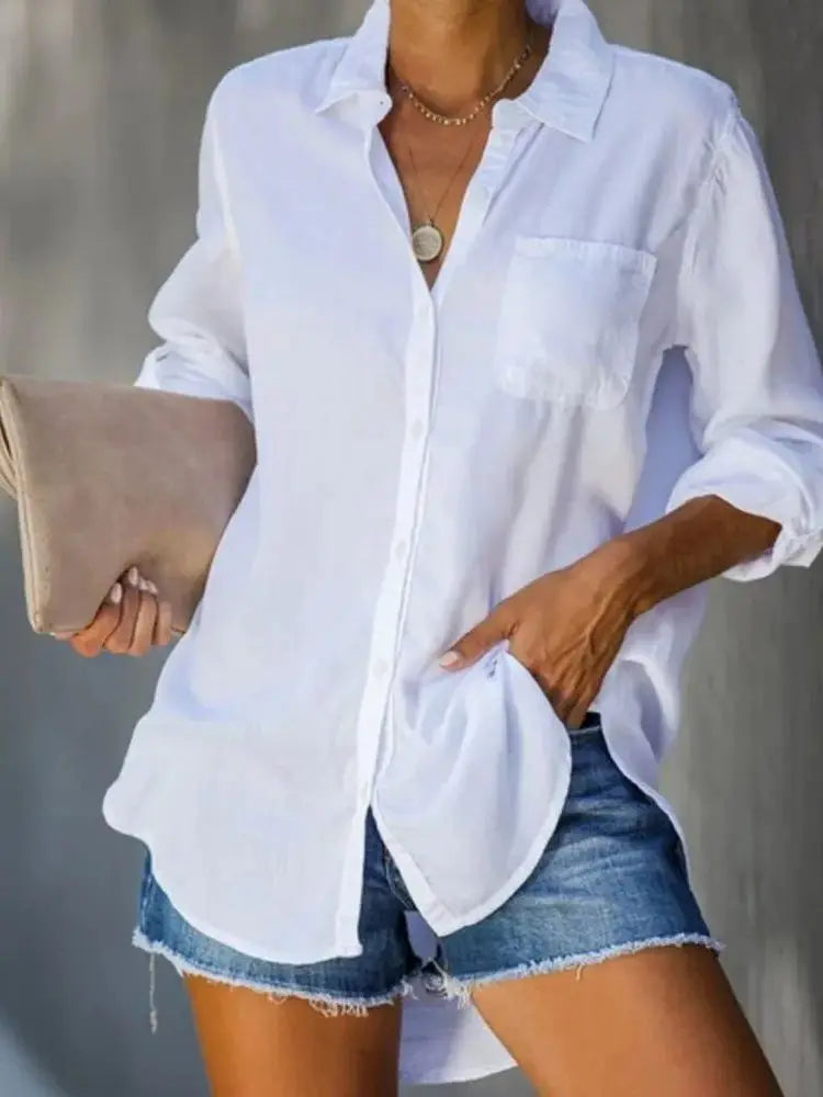 Spring/Summer New Women's Shirts Solid Color Large Casual Loose Polo Collar Button Shirt Women's Top