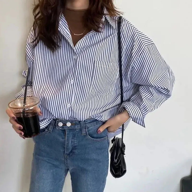 Lucyever Vintage Classic Striped Shirt Women Korean Loose Long Sleeve Office Ladies Shirts Autumn New Button Up Students Blusas