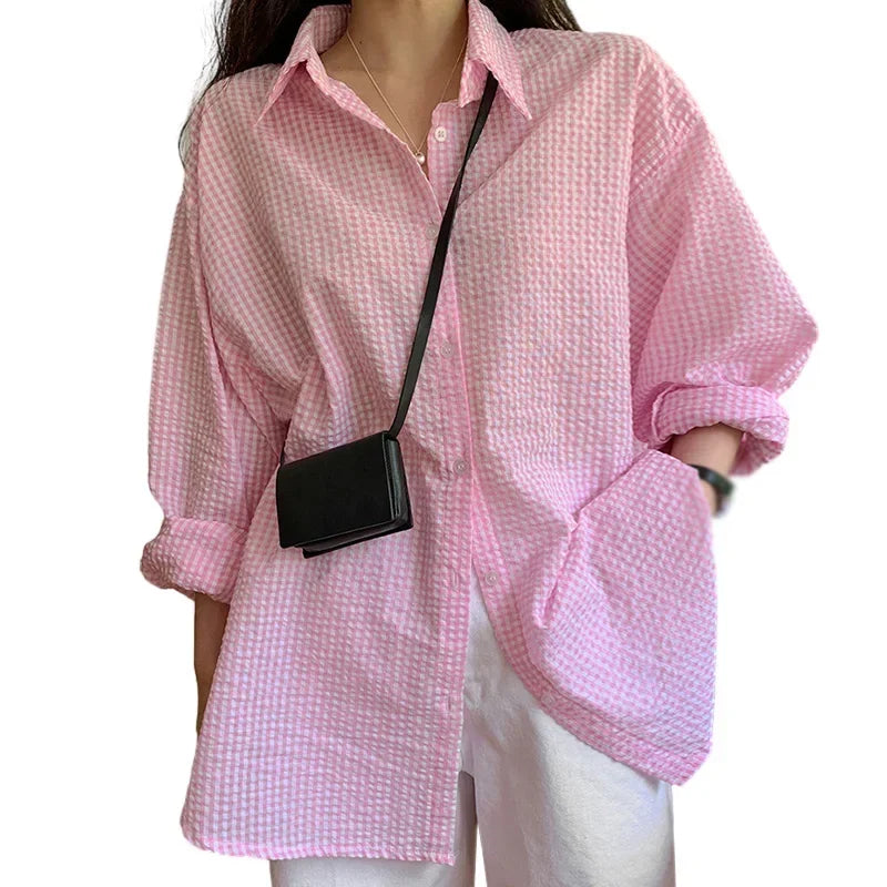 Korean Women's Shirt Sunscreen Long Sleeves Shirt Summer Women's Loose Casual Single Breasted Turndown Collar Plaid