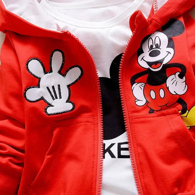 İlkbahar ve Sonbahar Yeni Ürünler Erkek Çocuk Giyim Seti Sevimli Mickey Pamuklu Kapşonlu Mont + Tişört + Pantolon 3 Parça Set Rahat Çocuk Spor Giyim