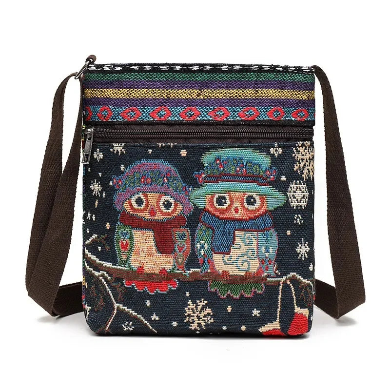 Women's Canvas Handbags Hot Sale Casual Shoulder Bag Owl Embroidered Ethnic Bag Vintage Messenger Bag Ladies Shoulder Bag