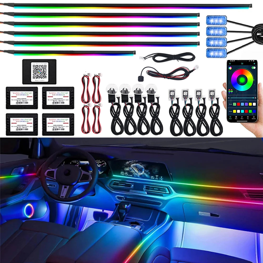 18'i 1 Arada Symphony Araba Ortam Işıkları LED RGB 64 Renk Gizli Neon Akrilik Şerit İç Atmosfer Lambaları Kiti Siyah Bant Etiketi