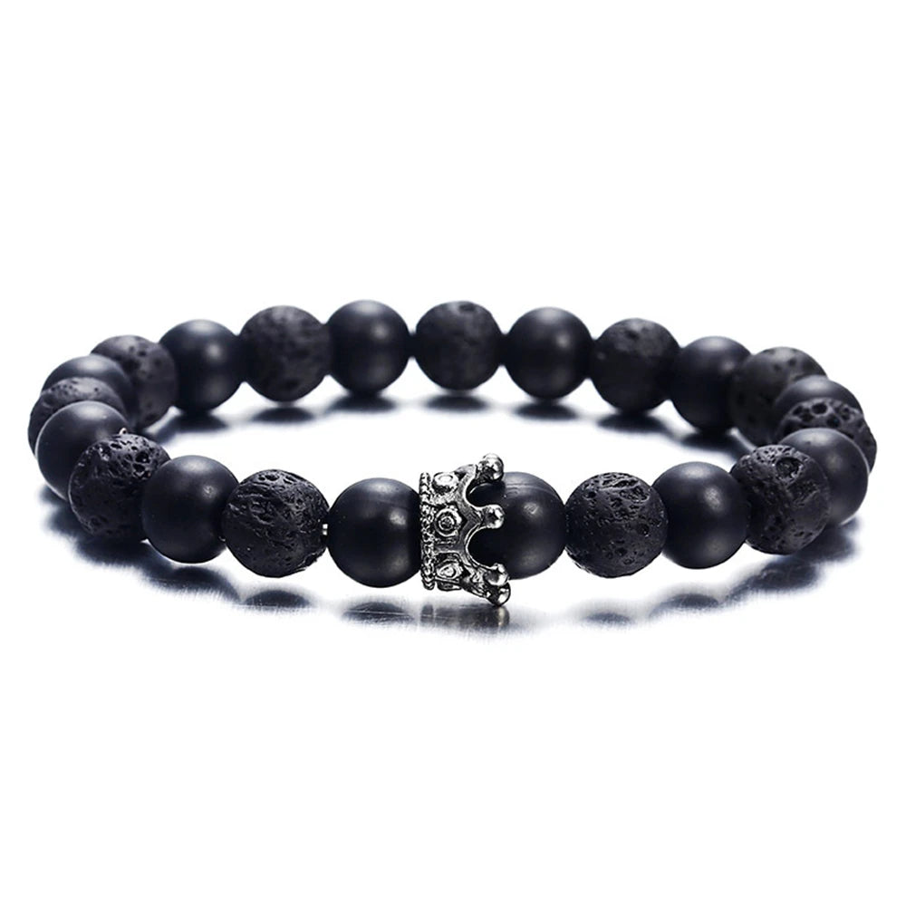 8mm Matte Black Onyx Beaded Bracelet Unisex Simple King Queen Diamond Crown Charms Bracelet For Couple Valentine'S Day Gifts